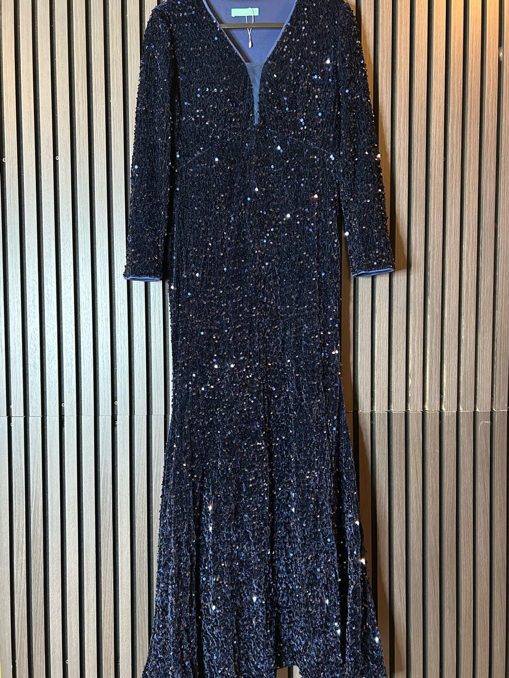 Midnight Sequin V-Neck Long Sleeve Evening Gown